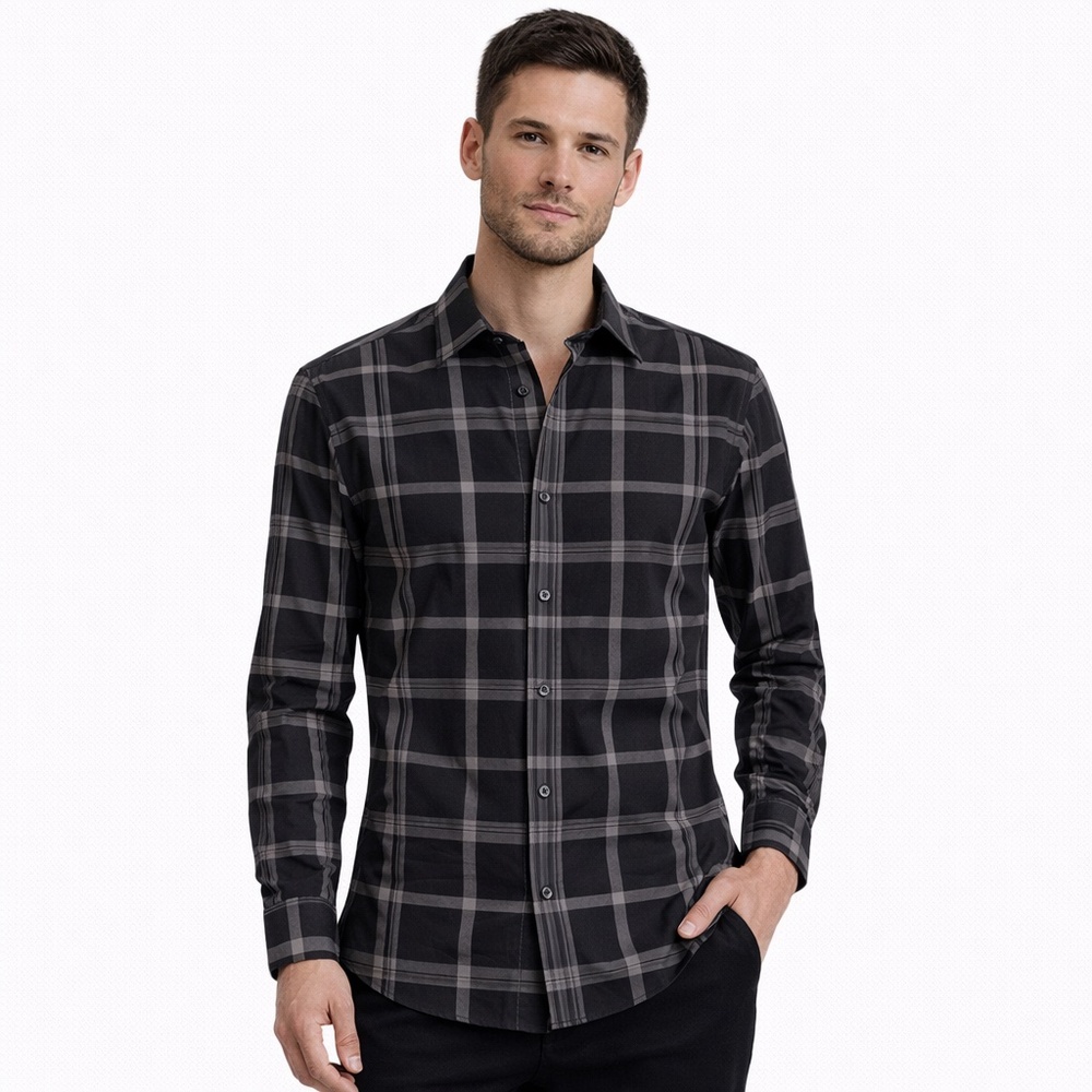 Perry Ellis Black Gray Burgundy and White Plaid Button-Down Shirt